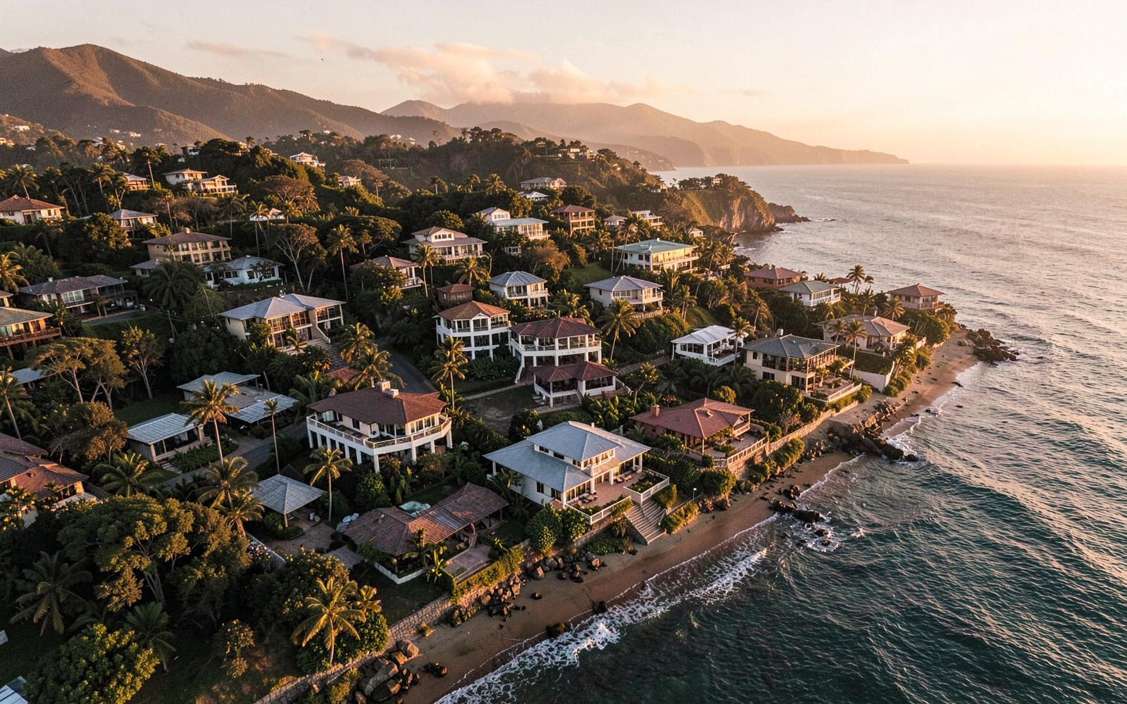 Aerial view of Maui coastal vacation-rental homes at golden hour