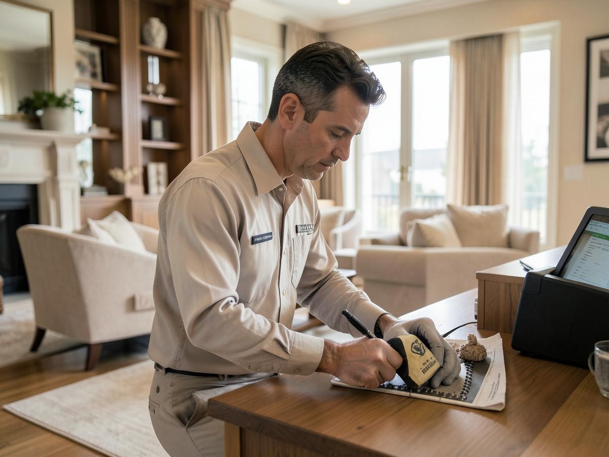 Uniformed Priority Property Co. technician documenting work inside a luxury home